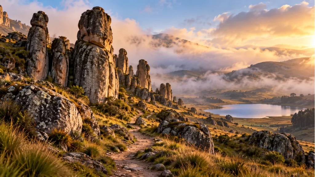 Leyendas de Cajamarca: los Frailones y la Laguna del Amor 1 Evocación imaginada de un paisaje andino con formaciones rocosas.
