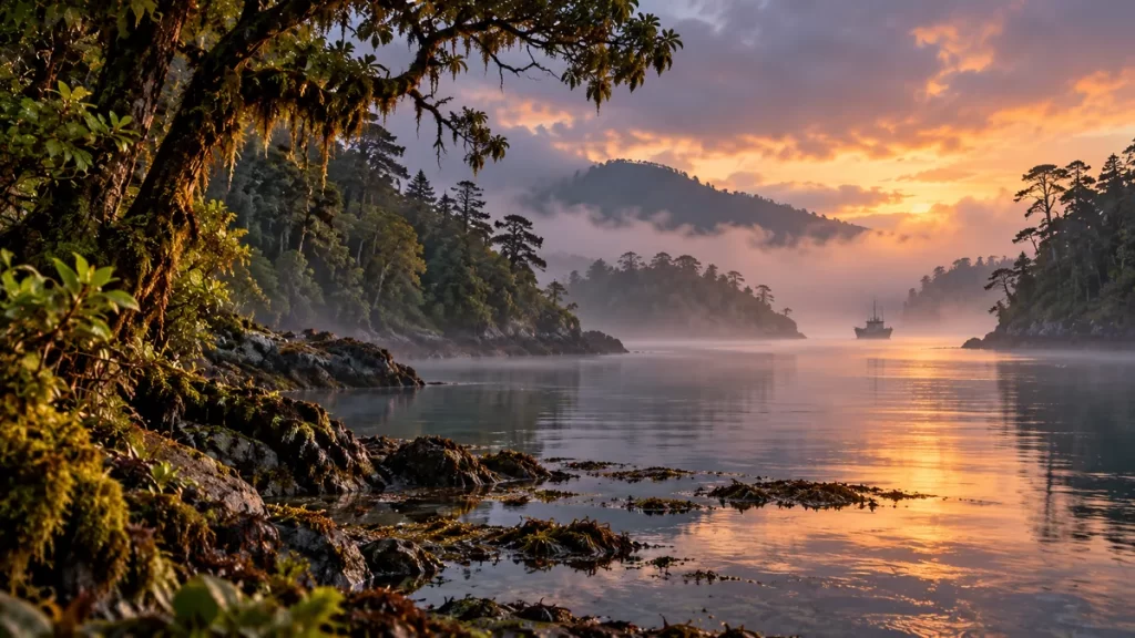 Leyendas de Chiloé: criaturas del bosque, del mar y de la noche 1 Canal chilote con bosque húmedo, niebla y una embarcación distante.