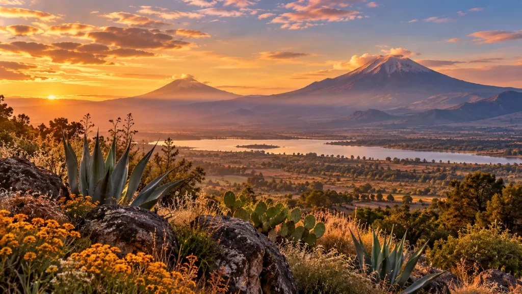 Coatlicue: el mito de su familia y la escultura mexica 1 Paisaje imaginado del altiplano mexicano con vegetación y volcanes.