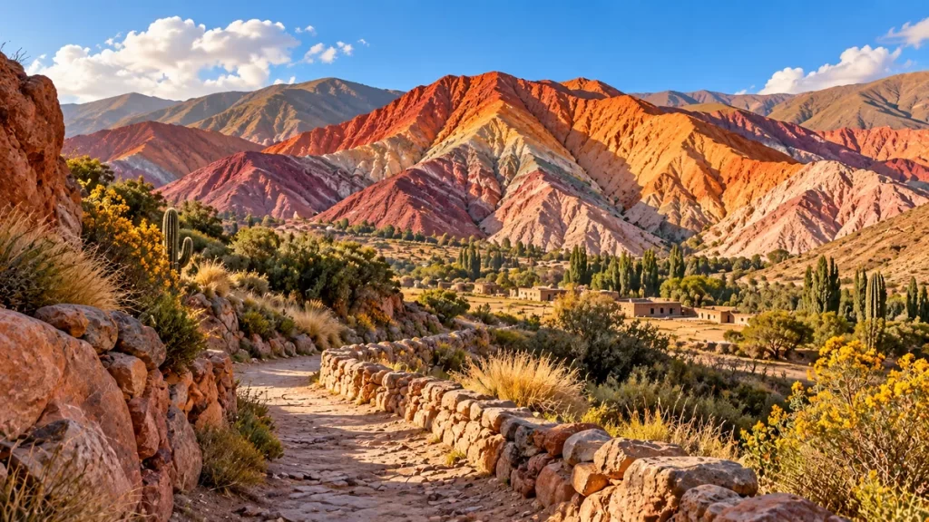 Leyendas de Jujuy: Coquena, el Cerro de los Siete Colores y tradiciones vivas 1 Paisaje andino imaginado con cerros de colores y un camino de piedra.