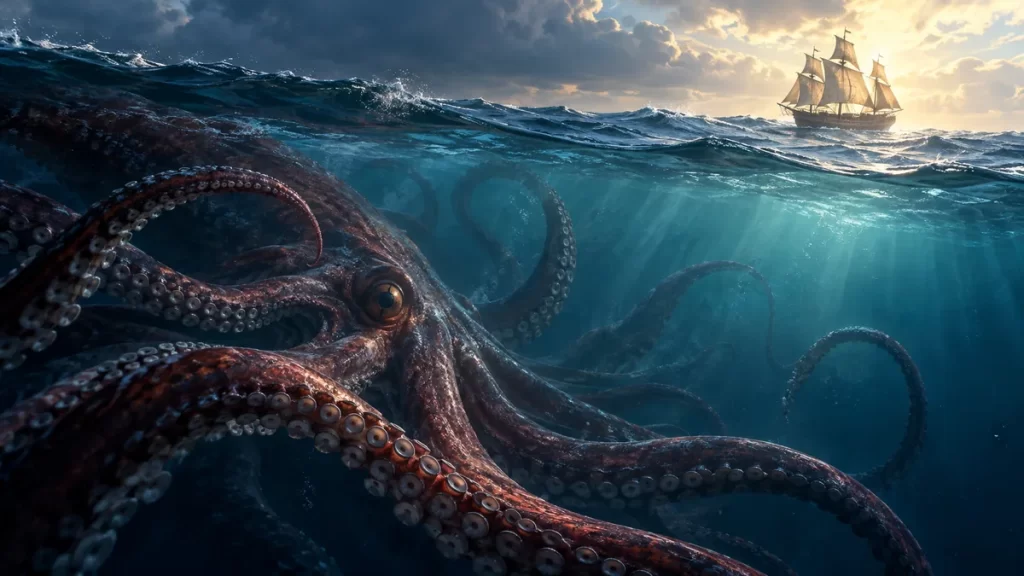 El Kraken: origen de la leyenda y relación con los calamares gigantes 1 Criatura marina fantástica con tentáculos bajo un velero lejano.