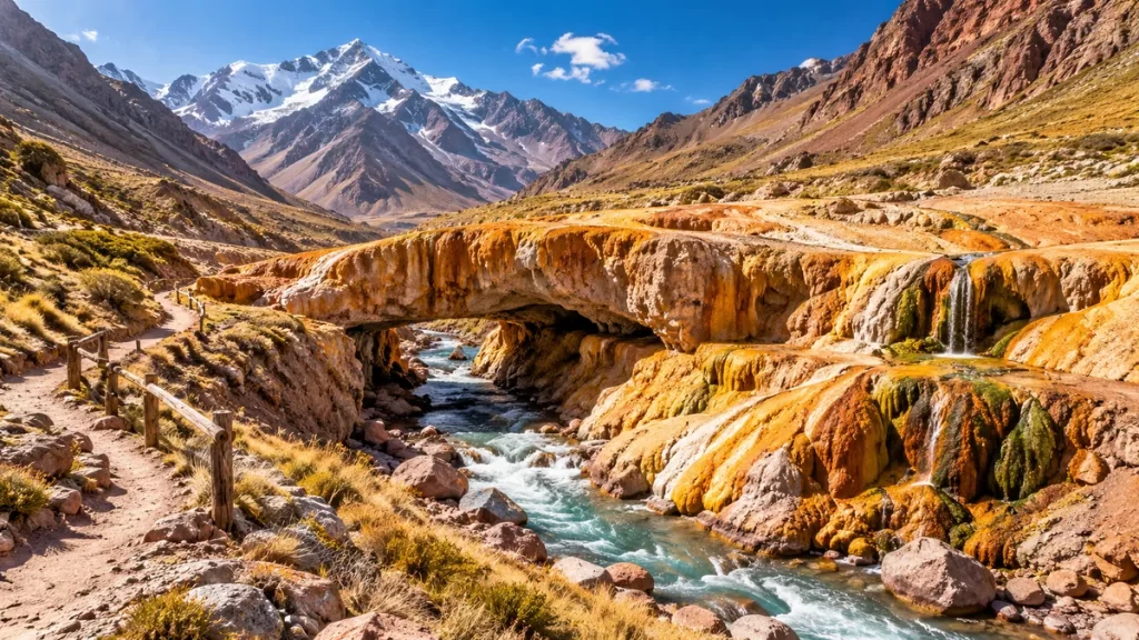 Ilustración imaginada de un paisaje cordillerano con puente natural, río y montañas.