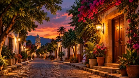 Ilustración imaginaria de una calle tradicional inspirada en ambientes de Sinaloa, con árboles frondosos y una puerta cálidamente iluminada al anochecer.