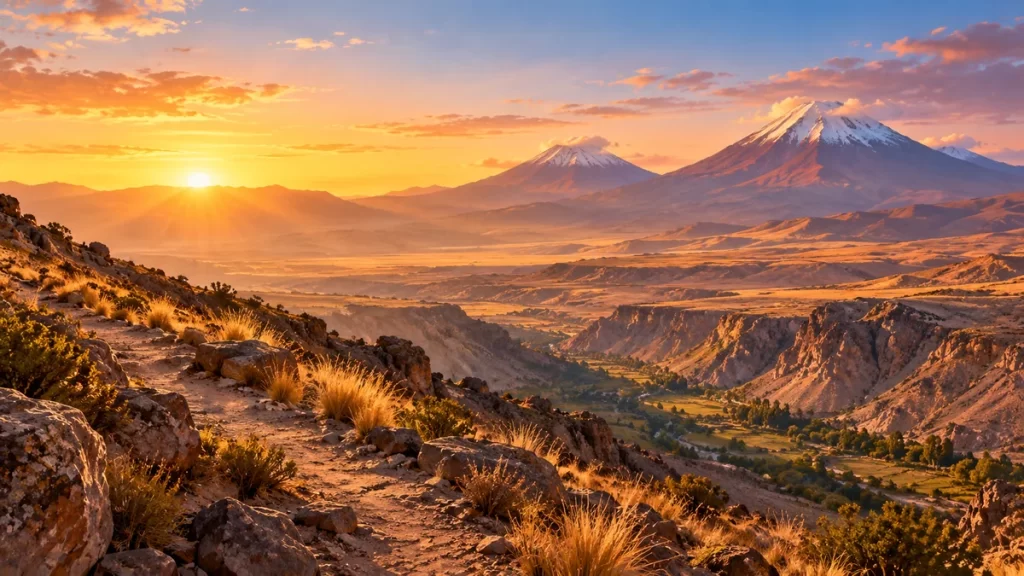 Leyendas de Tacna: volcanes, una quebrada y el Señor de Locumba 1 Paisaje andino imaginado con volcanes al amanecer.