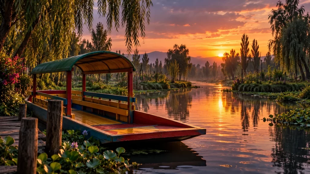 Leyendas de Xochimilco: canales, muñecas y relatos de transformación 1 Ilustración imaginada de una trajinera en un canal al atardecer.