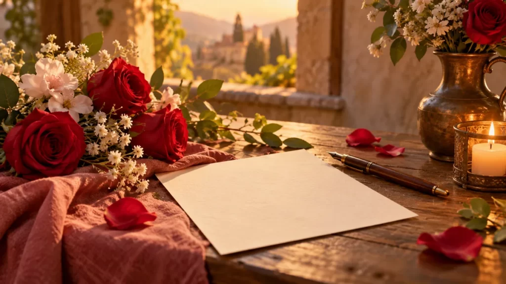Carta sin texto y flores sobre una mesa.