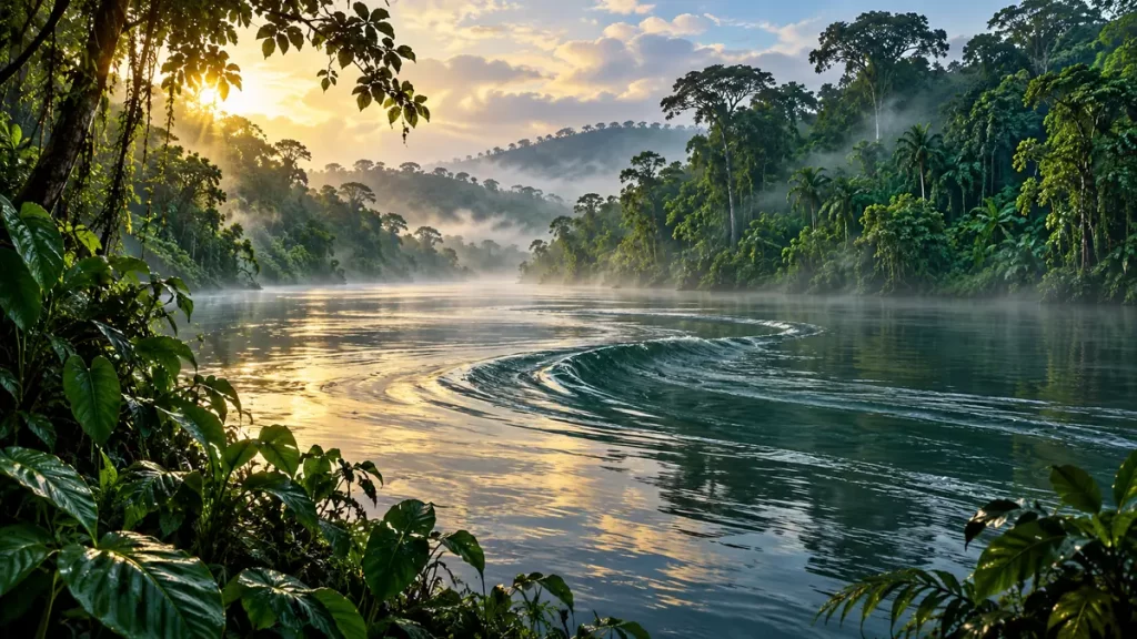 Yacumama: la madre de las aguas en relatos de la Amazonía 1 Río amazónico entre árboles con una ondulación misteriosa sobre el agua.