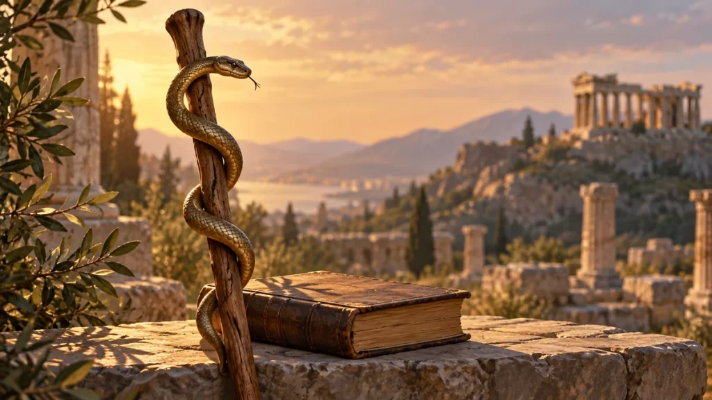Evocación artística de un bastón con una serpiente y un libro en un paisaje de ruinas griegas.