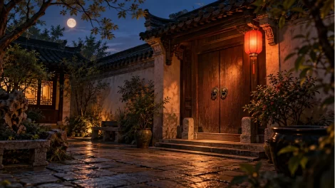 Patio de una casa china imaginada al anochecer, con puerta de madera y linterna roja sin escritura.