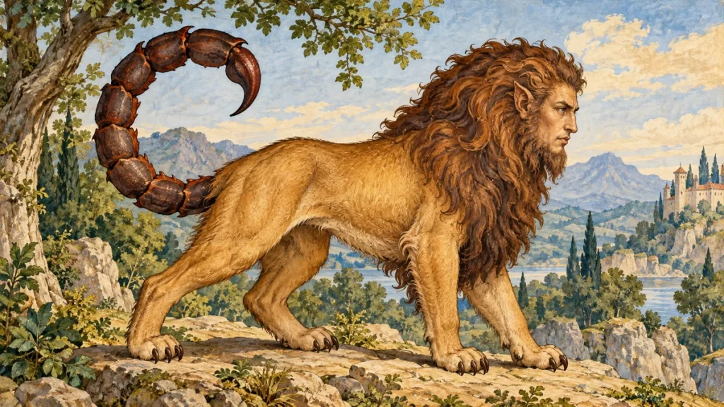 La mantícora: origen literario y representaciones antiguas y medievales 1 Mantícora imaginaria con cuerpo de león, rostro humano y cola de escorpión.