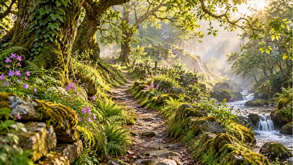 Las anjanas: quiénes son y cómo aparecen en los relatos de Cantabria 1 Camino entre árboles y flores en un bosque imaginado de Cantabria.