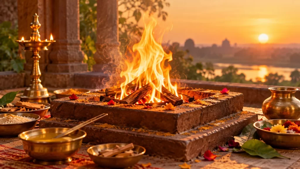 Agni: el fuego en la tradición religiosa de la India 1 Llama ceremonial serena en un recipiente sencillo, con luz cálida y ambiente histórico.