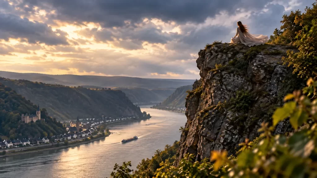 Loreley: la mujer del Rin y las dos historias que la hicieron famosa 1 Roca elevada de Loreley sobre el río Rin con una figura lejana y bruma.