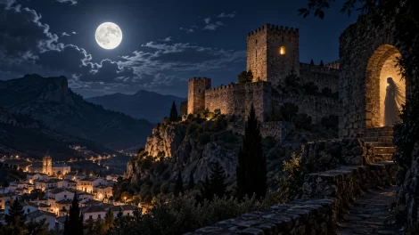 Castillo de la Yedra en Cazorla de noche con una ventana iluminada.
