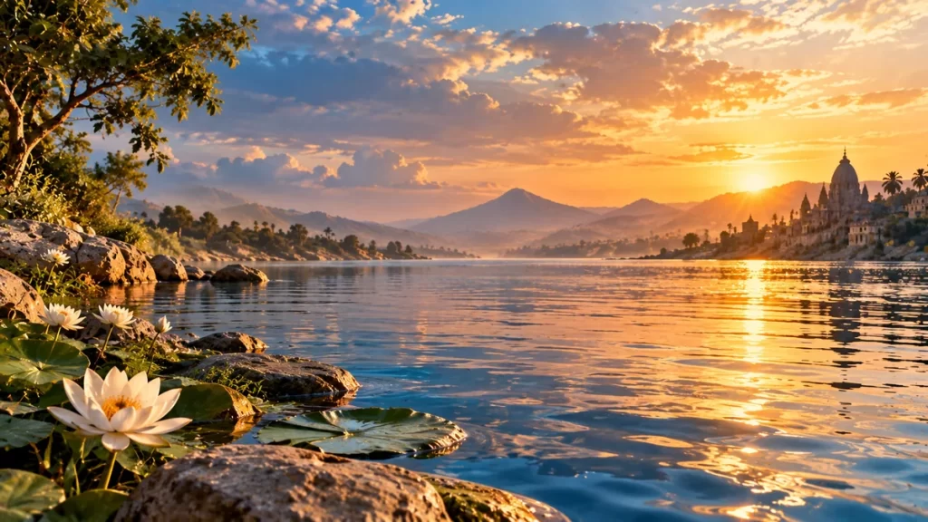 Varuna: del orden del mundo a las aguas en las tradiciones de la India 1 Lotos junto a una extensión de agua y templos imaginados al atardecer.