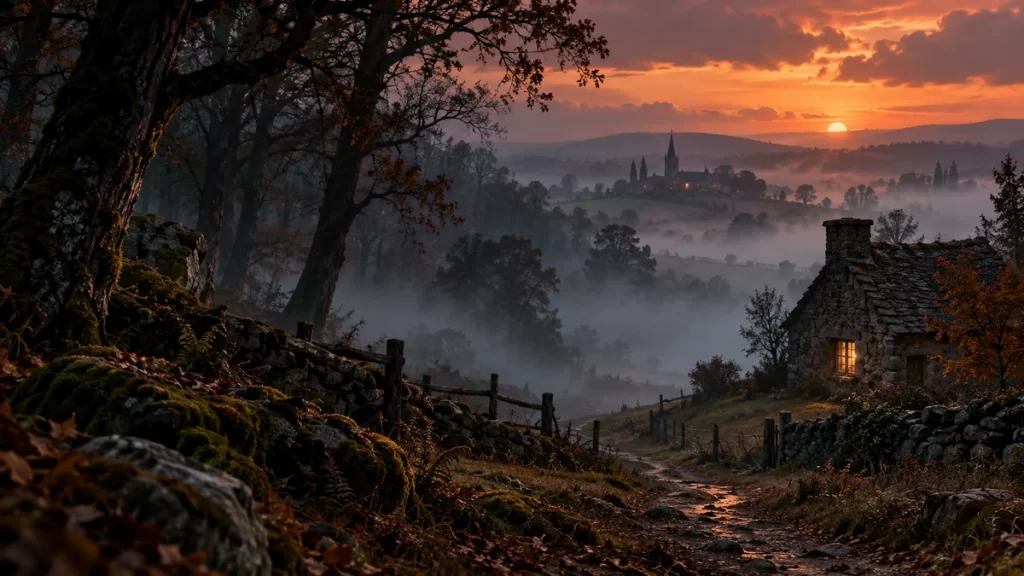 La bestia de Gévaudan: ataques del siglo XVIII y nacimiento de una leyenda 1 Paisaje rural francés imaginado con bosque, cabaña y niebla al atardecer.