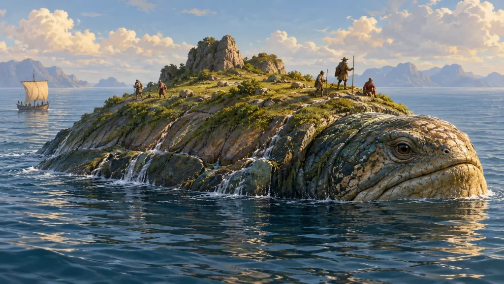 Marineros sobre el lomo de una enorme criatura marina que parece una isla.