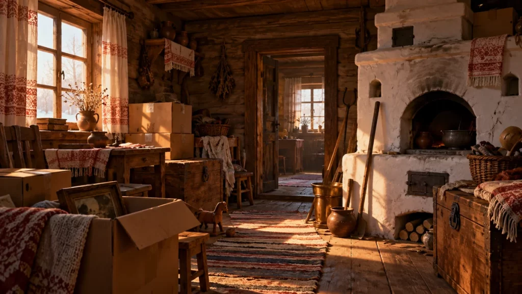Interior de una casa rusa con estufa apagada y cajas de mudanza.