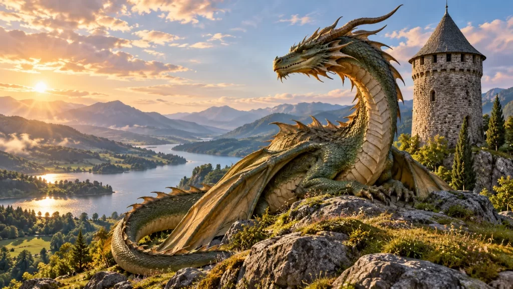 Lindwurm: el dragón de las leyendas europeas y de Klagenfurt 1 Dragón imaginado junto a una torre sobre un valle montañoso.