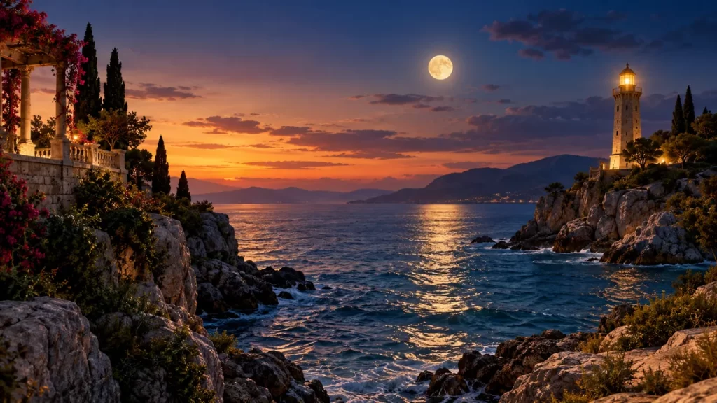 Hero y Leandro: el mito de los amantes separados por el mar 1 Dos orillas y una torre con luz junto al mar, en un paisaje imaginado.
