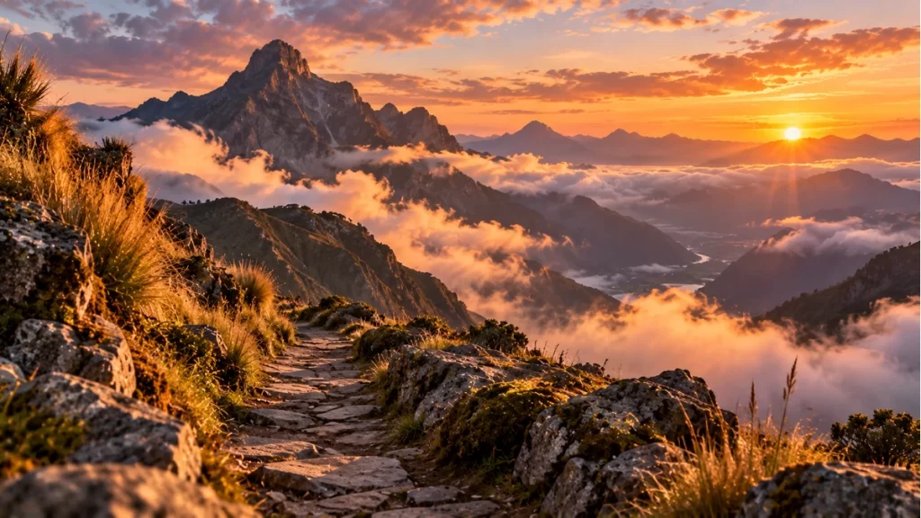 Supay: significados y cambios de una palabra en las tradiciones andinas 1 Sendero y montañas andinas imaginadas entre nubes al atardecer.