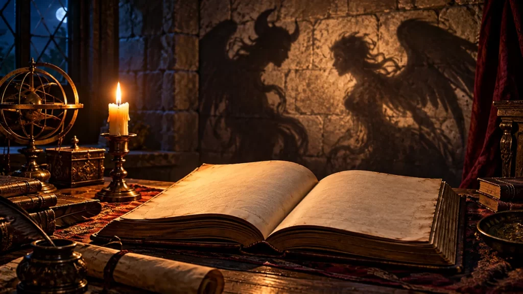 Súcubo e íncubo: significado e historia de dos figuras literarias 1 Libro antiguo abierto de páginas vacías y dos sombras imprecisas en un estudio nocturno.