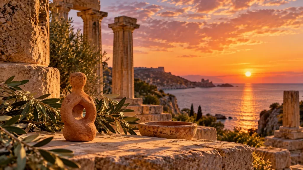 Pieza de barro de forma humana esquemática ante un paisaje costero mediterráneo.