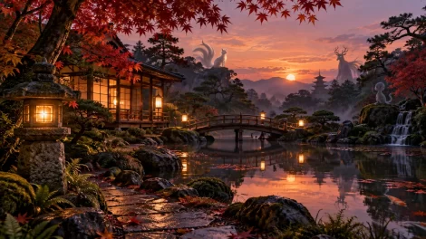 Jardín japonés con estanque y varias siluetas fantásticas discretas entre árboles.
