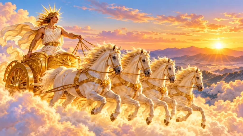 Helios: quién es el Sol en los mitos griegos y qué historias protagoniza 1 Helios, con túnica y corona solar, conduce un carro de caballos entre nubes.