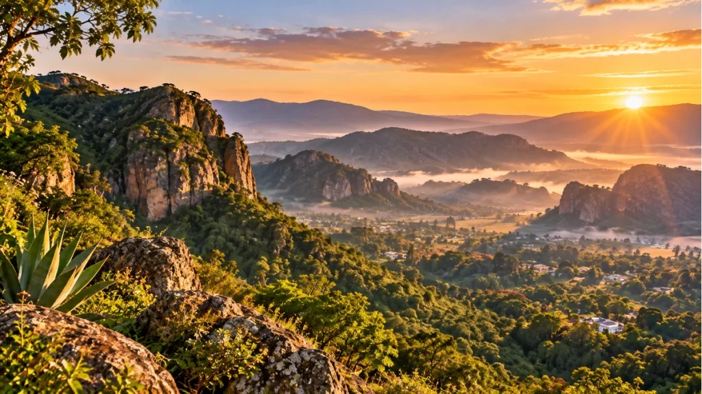 Evocación imaginada de cerros y vegetación de Tepoztlán al amanecer.