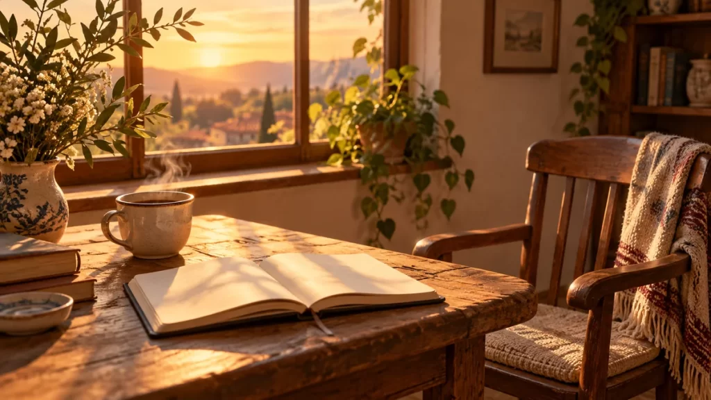 Jaime Sabines: cómo acercarse a sus poemas sin perder la voz del texto 1 Cuaderno sin texto, taza y silla junto a una ventana al atardecer.