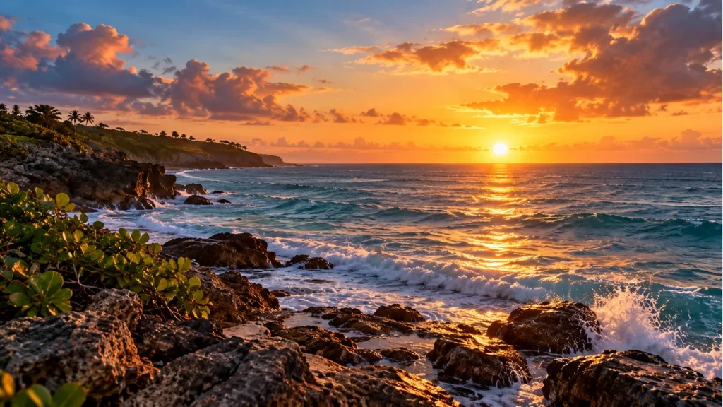 Costa imaginada del Atlántico bajo la luz del atardecer.
