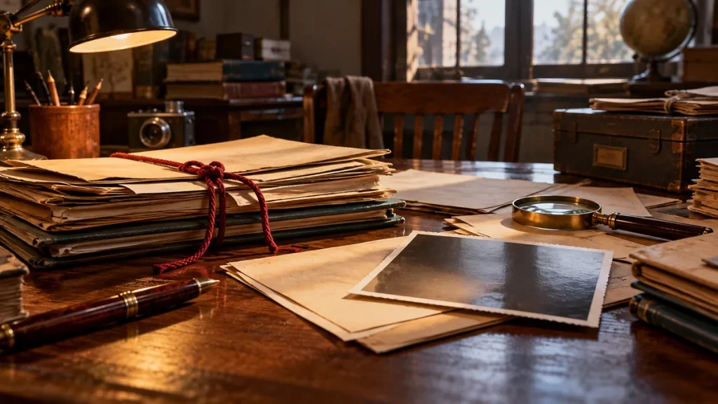 Priorato de Sion: documentos, leyenda moderna y ficción 1 Carpetas y documentos sin texto en una mesa de archivo de aire histórico.