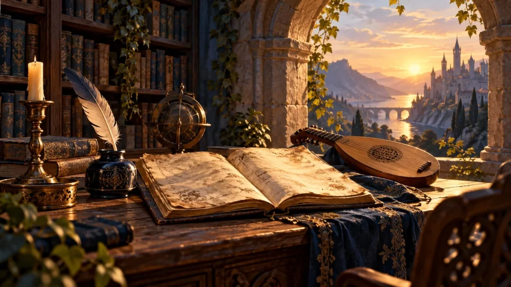 Poesía de la Edad Media: formas y ejemplos comentados 1 Recreación decorativa de un escritorio medieval con manuscrito, pluma y laúd.