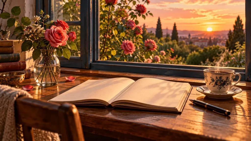 Cuaderno sin texto junto a una ventana con un rosal y una taza.