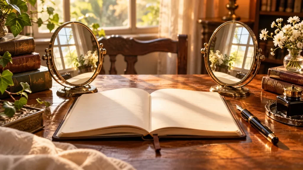 Cuaderno abierto y dos espejos sobre un escritorio de madera.