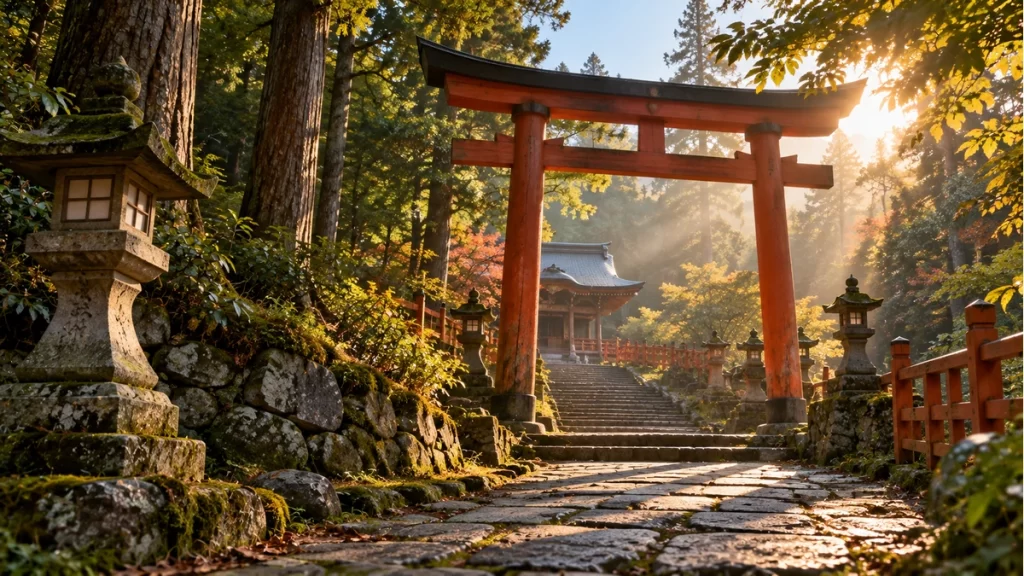 Camino de un santuario japonés imaginado entre árboles y una puerta torii.