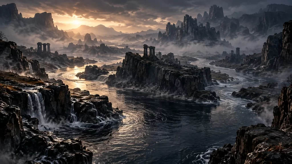 El río Estigia y los ríos del inframundo griego 1 Curso de agua imaginario entre rocas y bruma en una escena del inframundo griego.