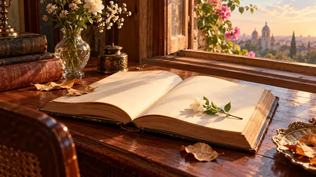 Manuel Acuña: cuatro poemas para empezar a leerlo 1 Libro abierto con una flor y hojas secas junto a una ventana.