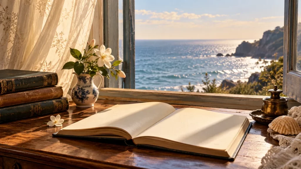 Alfonsina Storni: cuatro poemas para descubrir su voz 1 Libro abierto sin letras junto a una flor y una ventana con vista al mar.
