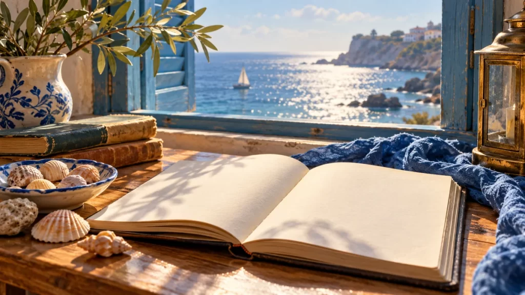Rafael Alberti: poemas y claves para una primera lectura 1 Libro y cuaderno sin letras junto a conchas y una ventana con vista al mar.