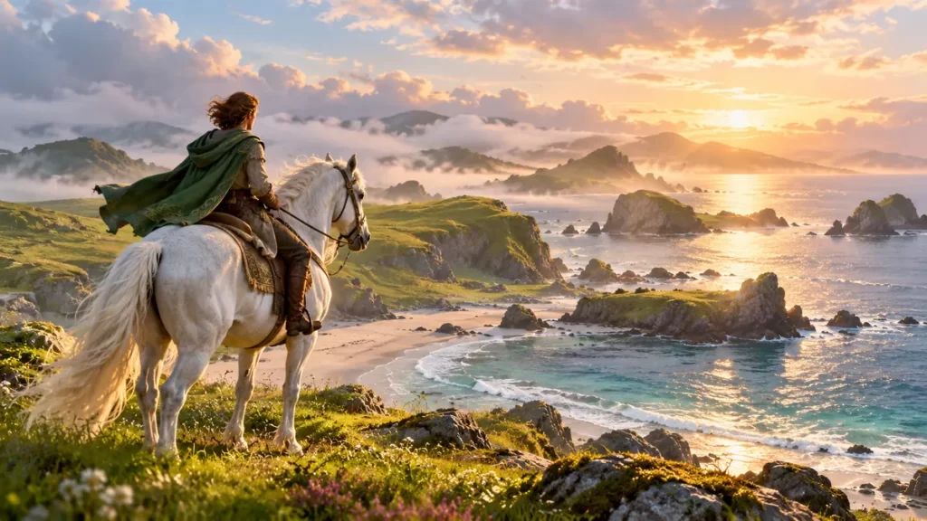 Tír na nÓg: el viaje de Oisín al país de la juventud 1 Oisín y un caballo blanco ante la costa luminosa de un país mítico irlandés.