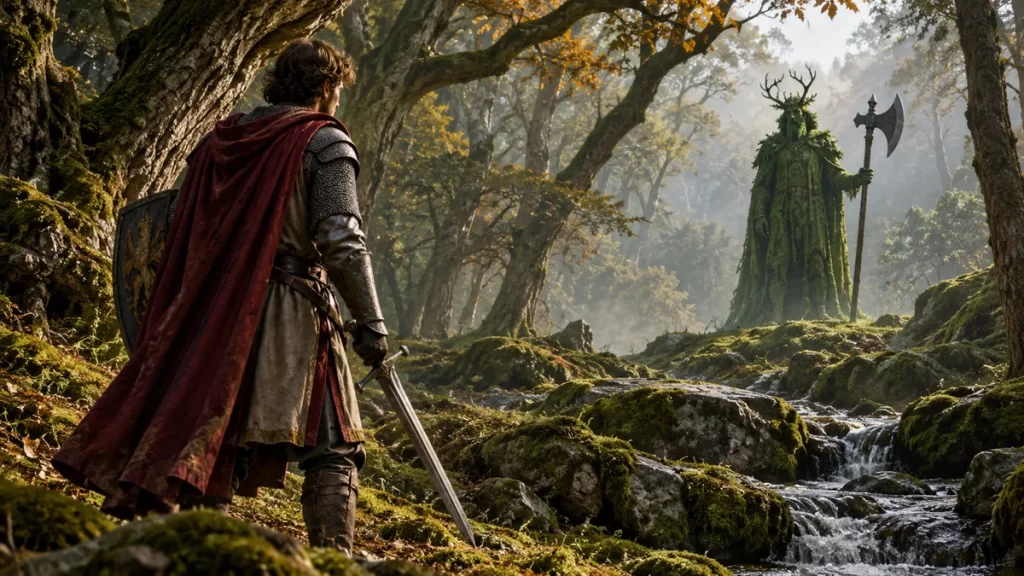Caballero con capa ante una figura verde con hacha en un bosque imaginario.