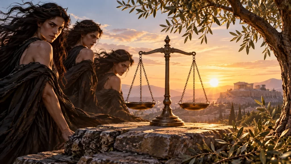 Las Furias o Erinias: quiénes eran y qué ocurre en Las euménides 1 Tres figuras míticas junto a una balanza ante la luz del amanecer.