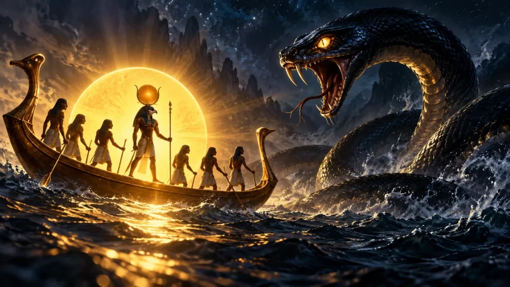 Ilustración simbólica de una serpiente oscura frente a una barca solar en aguas nocturnas.