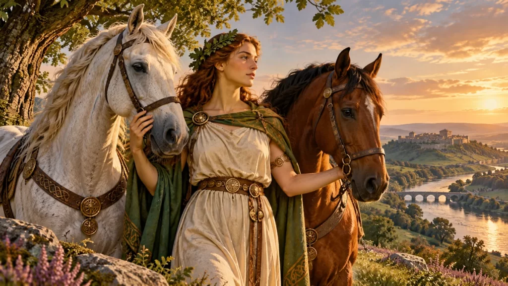 Representación imaginada de Epona acompañada de dos caballos en un paisaje antiguo.