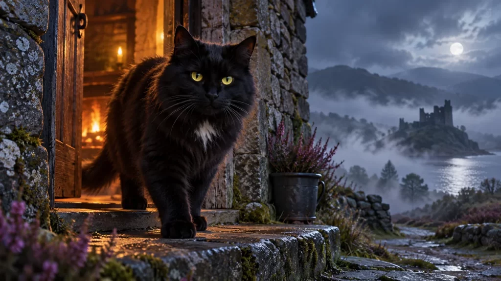 Gato negro imaginado ante una casa de piedra y un paisaje de colinas escocesas.