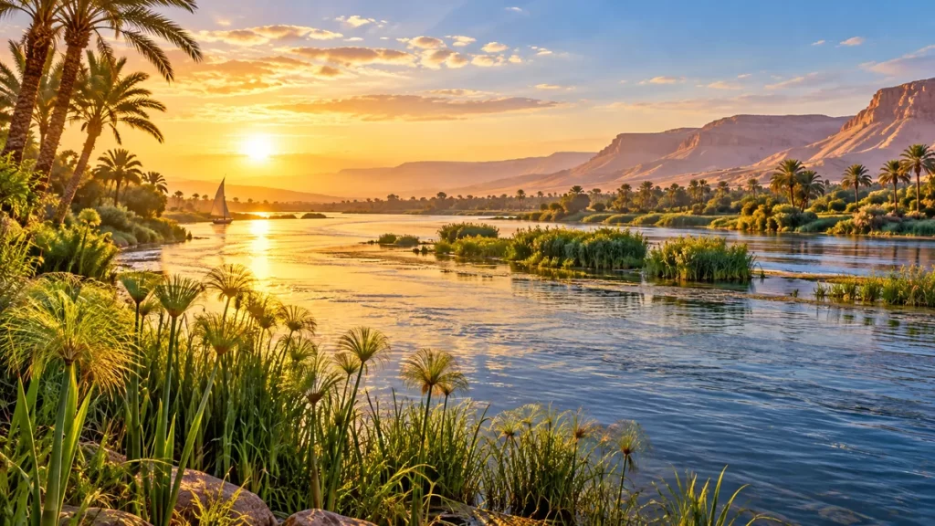 Hapi: el dios de la inundación del Nilo en el antiguo Egipto 1 Paisaje imaginado del Nilo con plantas de ribera al atardecer.
