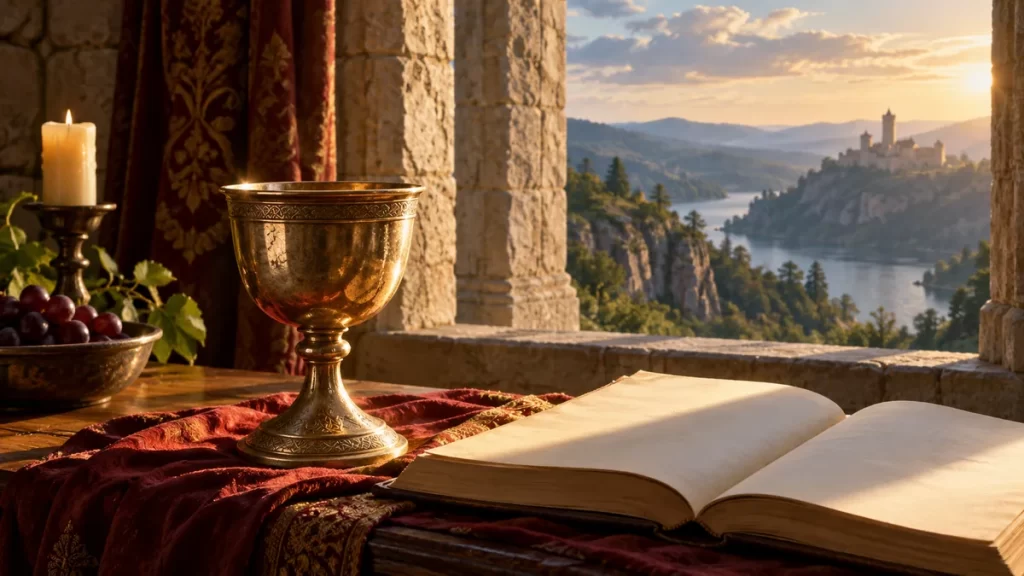 Copa de metal y libro de páginas blancas en una estancia medieval imaginada.