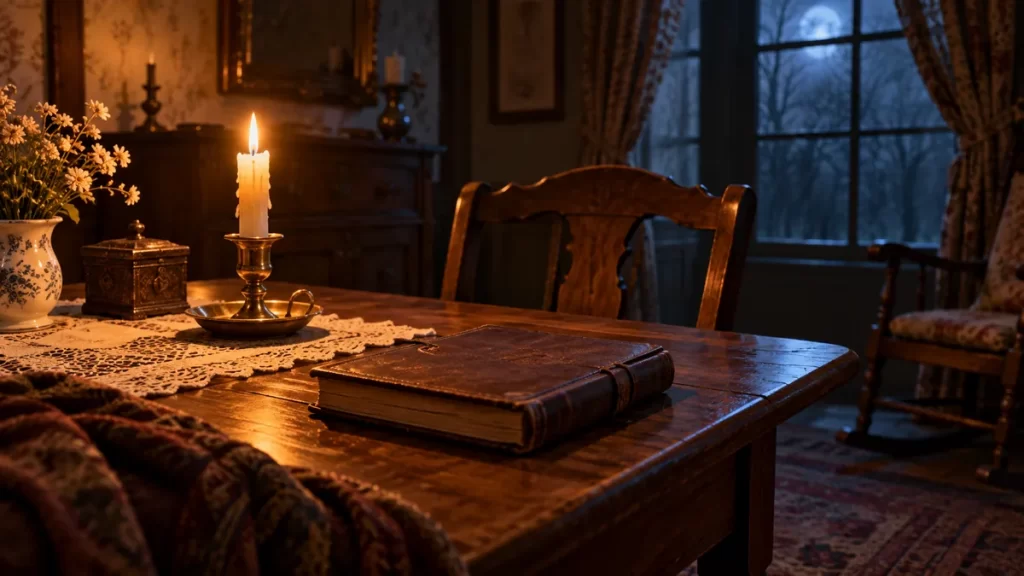Las hermanas Fox: golpes de Hydesville, espiritismo y documentos 1 Mesa, libro cerrado y una vela en una sala imaginada del siglo XIX.